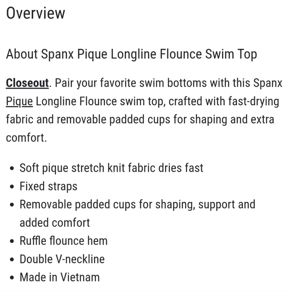 Spanx Swim Pique Longline Flounce Top In Very Black Size Small - Picture 6 of 6